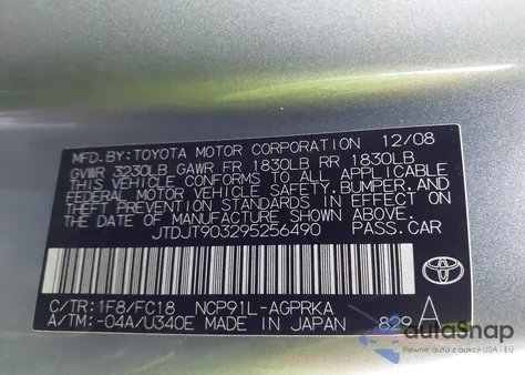 2009 Toyota Yaris z USA, uszkodzony, nr VIN JTDJT903295256490